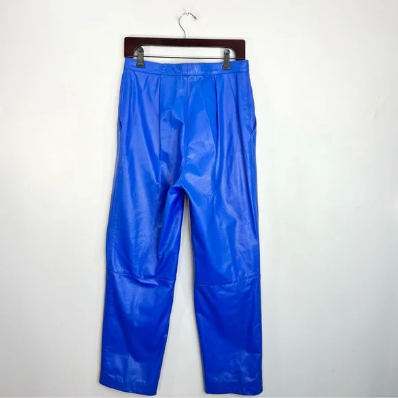 Vintage 80s genuine leather blue padded shoulder batwing bomber pant suit set 14 - Picture 8 of 17